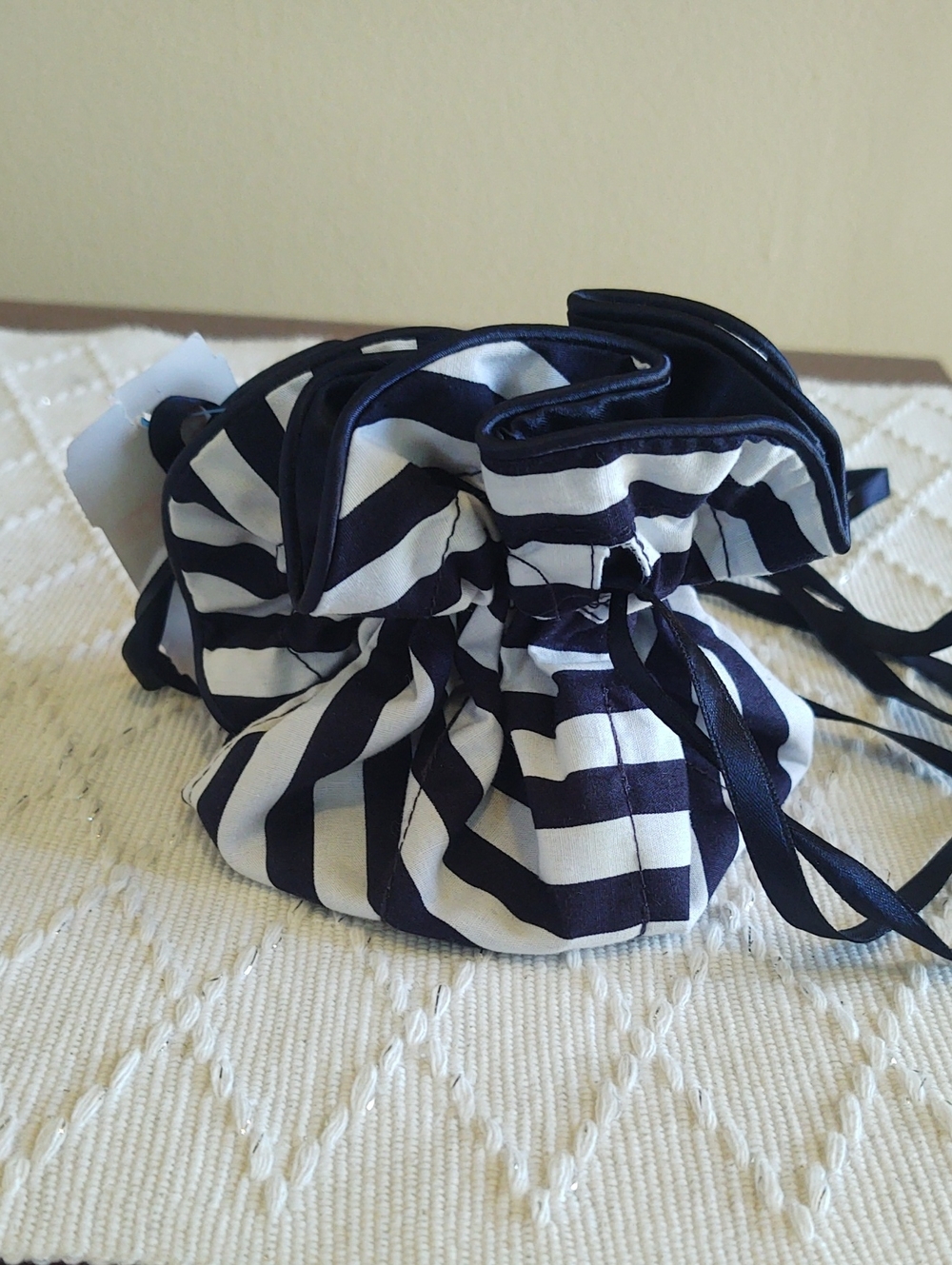 Striped Drawstring Pouch Bag - Navy and White